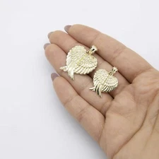 Diamond Cut Angel Wings Heart Pendant Real 10K Yellow Gold All Sizes