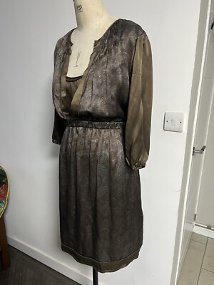 DESIGNER NOA NOA XL 100% SILK DRESS BROWN LAYERED FIT & FLARE 