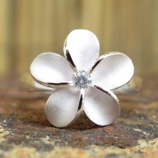 Hawaiian Silver Single Plumeria Flower Clear CZ Wedding Ring Band 15mm SR2041
