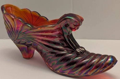 Vtg Fenton Glass Ruby Red Iridescent Amberina Draped Cat Head Shoe Slipper Boot
