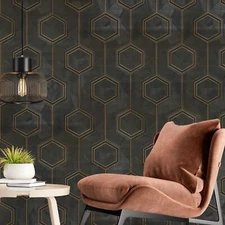 Hexagon Feature brown bronze metallc faux carbon textured Wallpaper 3D Geometric