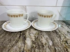 2 Vntg Milk Glass Pyrex Butterfly Gold Coffee Cups & 2 Corelle Vitrelle Saucers