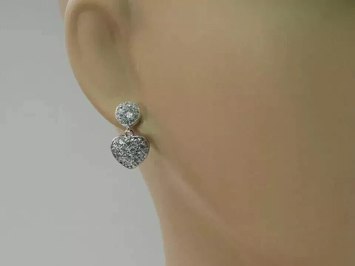 2.60Ct Created Diamonds Drop Dangle Women's Heart Earrings 14K White Gold Finish - Picture 2 of 2