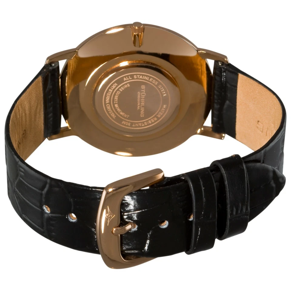 Stuhrling男士腕表瑞士石英表超薄玫瑰色黑色皮革表带腕表 — 第 3/4 张图片
