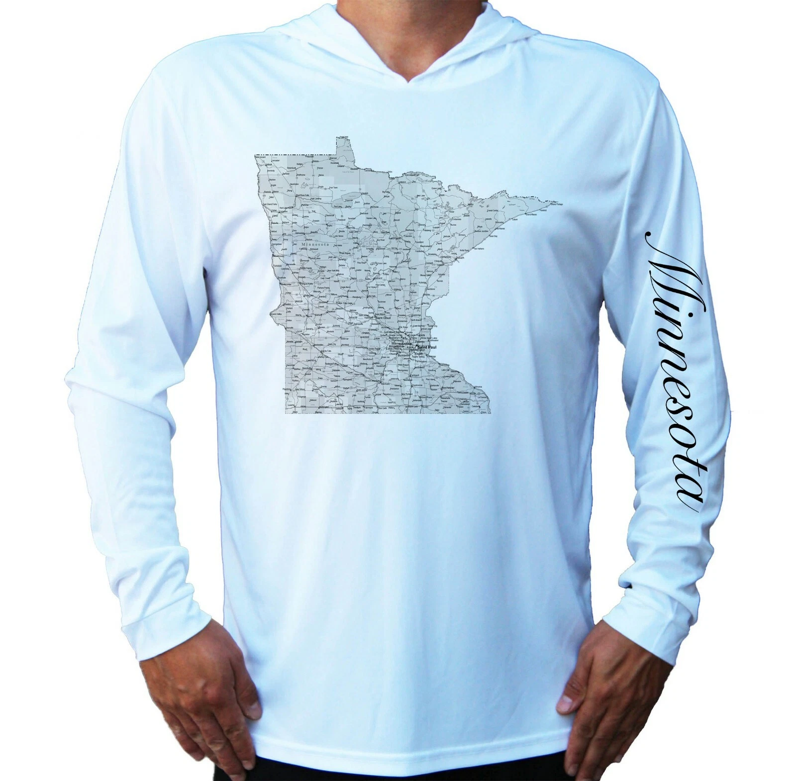 Minnesota State Map UV Protected UPF 50 Long Sleeve T-Shirt Hood Fishing Boat