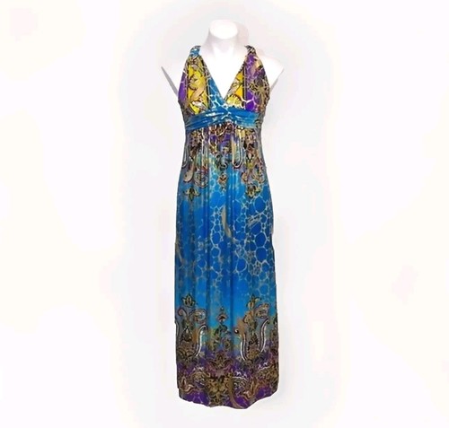 Cleo Halter Multicolored Silky Satin Empire Cut Maxi Dress Small - Picture 3 of 9