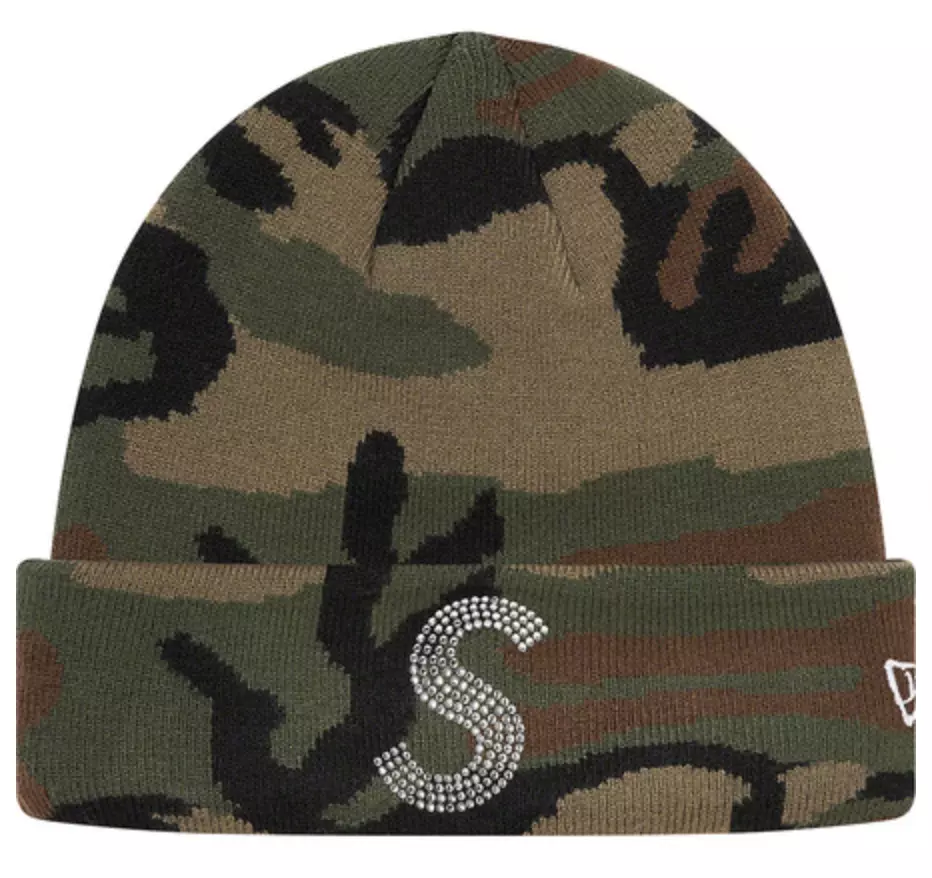 SUPREME NEW ERA SWAROVSKI S LOGO BEANIE (WOODLAND CAMO) SS21 BIG LOGO BOX  LOGO