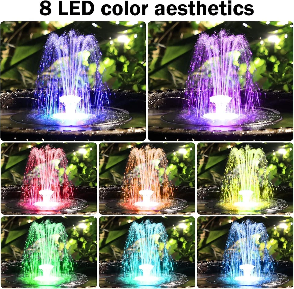 Actualización Fuente Solar Luces RGB 5.5W Fuente de Agua Alimentada Solar con 8 Boquillas Foto 3 de 4