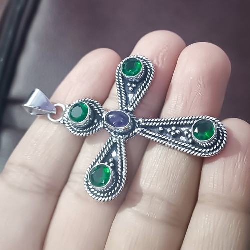 Chrome Diopside & Amethyst Gemstone 925 Sterling Silver Religious Cross Pendant - Picture 8 of 8