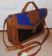 PRIMARK LARGE TAN BROWN BLUE SATCHEL BAG HANDBAG CASE BRIEFCASE BNWT