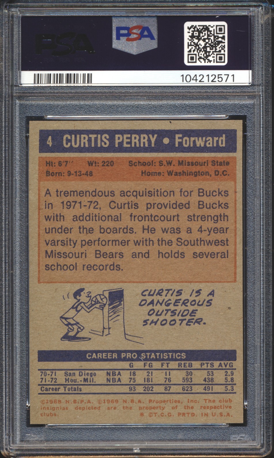 1972 Topps Basketball Curtis Perry ROOKIE #4 PSA 10 BUCKS GEM MINT POP 6 view 2