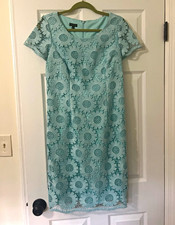Talbots Women’s 8 Blue Floral Lace Overlay Shift Dress Knee Length Short Sleeve