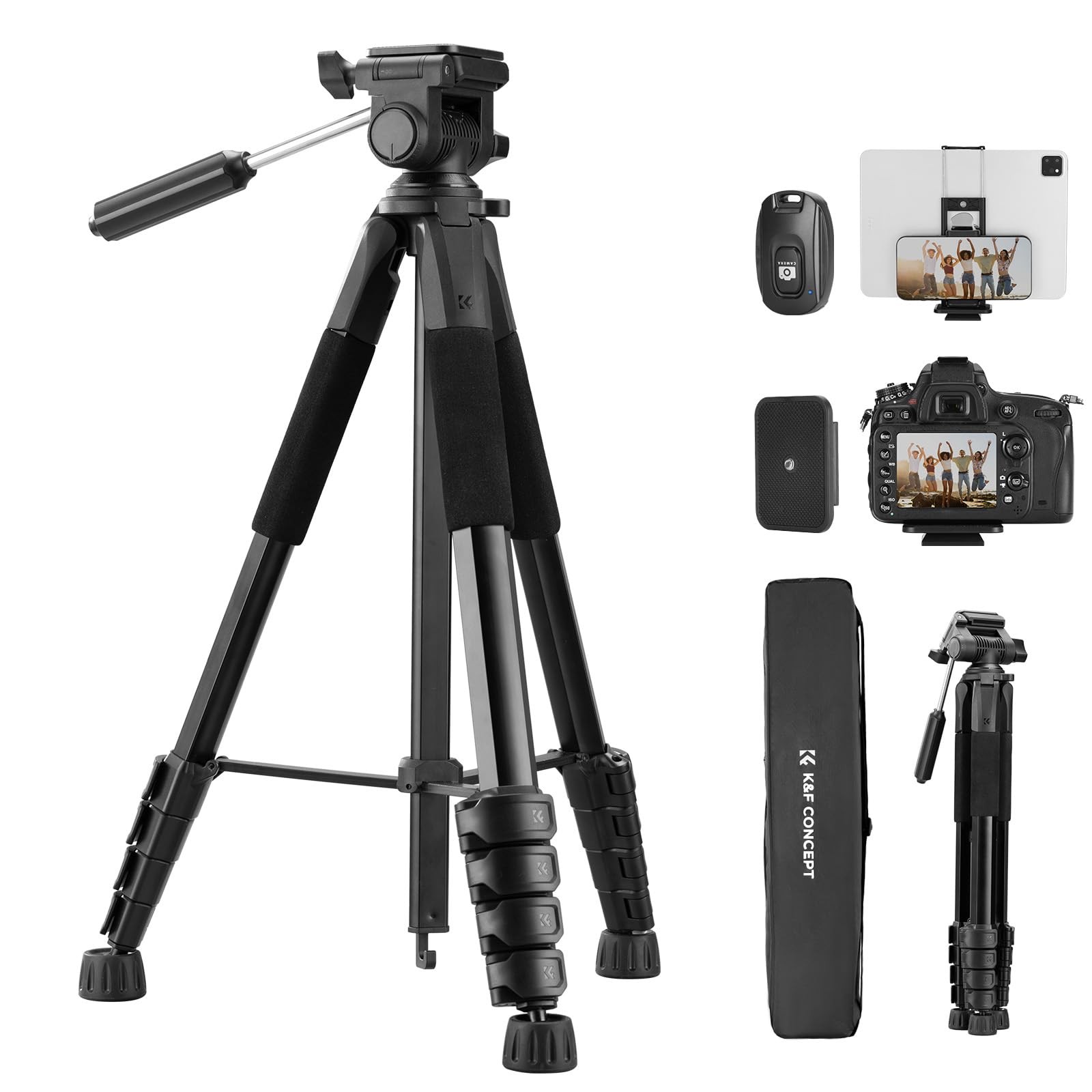 K&F CONCEPT 75""/190cm Compact Camera Tripod, Lightweight Travel Tripod for DSLR