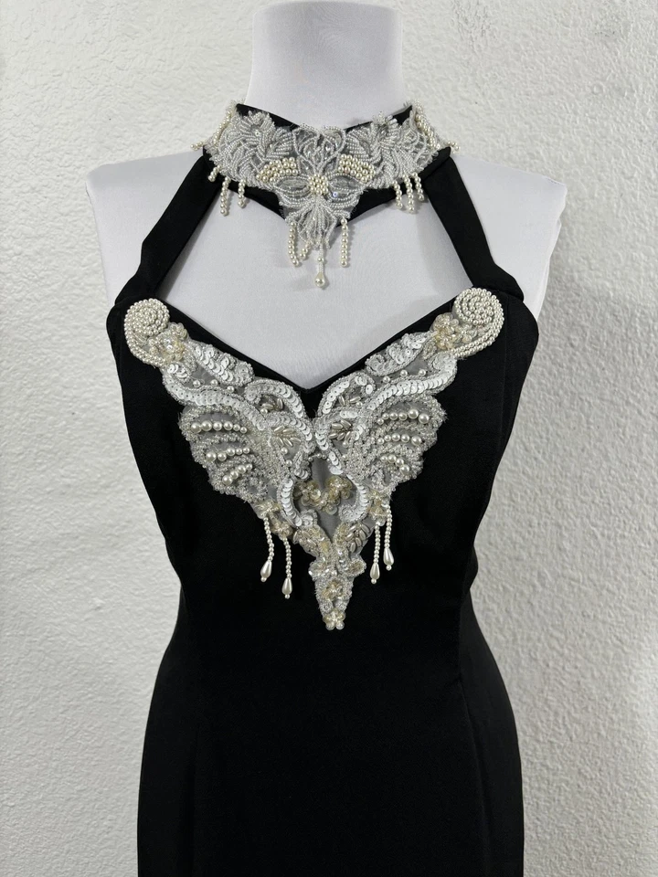 Vintage Formal Dress Womens Large Black Halter Beaded Choker Evening Gown Y2K - Image 2 of 4
