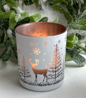 Clayre & Eef,   Teelichthalter Windlicht  Glas , Hirsch Winterwald, Weiß