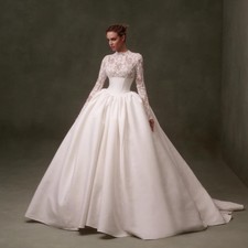 Customized High Neckline With Jacket Long Sleeves Satin A-Line Wedding Dress 
