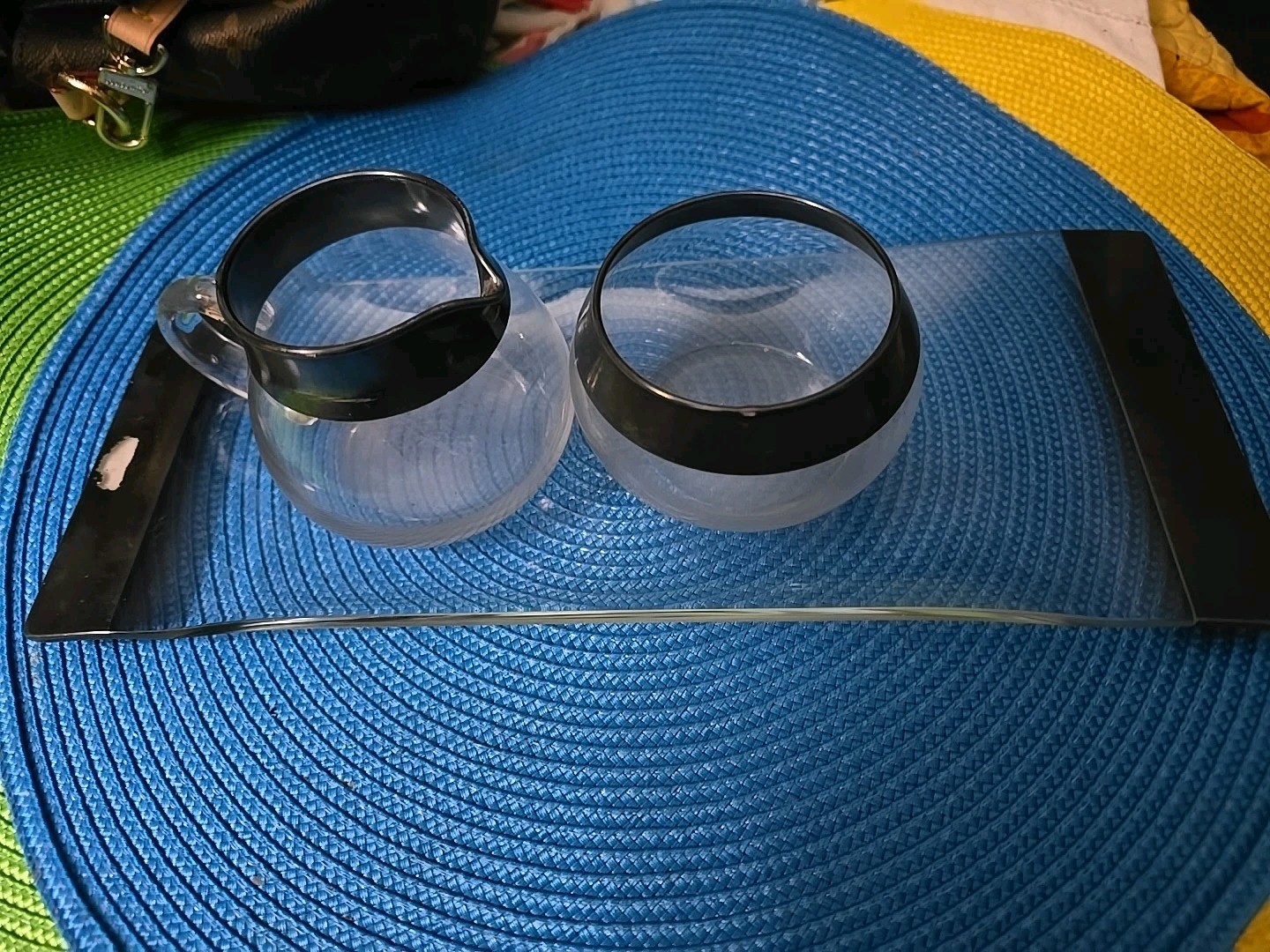 Vintage Dorothy Thorpe MCM Silver Rim Bar Tray Sugar Creamer Set