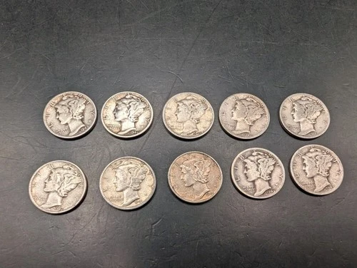 🔥 LOT X 10 🔥 ALL 90% SILVER MERCURY DIMES MIX YEARS & MINTS AVG - FINE CIRC