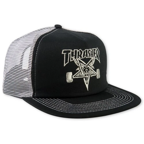 Thrasher Magazine EMBROIDERED SKATE GOAT LOGO Skateboard Trucker Hat BLACK/GREY