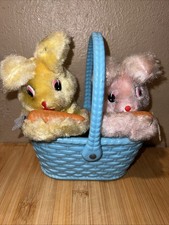 Vintage Wind Up Easter Fuzzy Bunnies Eating Carrots- Blue Plastic Basket Japan