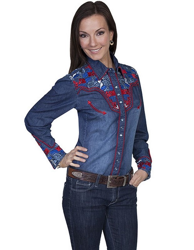 Scully Western Shirt Womens L/S Snap Floral XXL Denim F0_PL-654C CLEARANCE