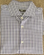 Hugo Boss Men's Blue Plaid Slim Fit Stretch Dress Shirt Size 16.5 Italian Fabric