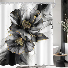 Black Gold Abstract Floral Modern White Ombre Bathroom Shower Curtain Set