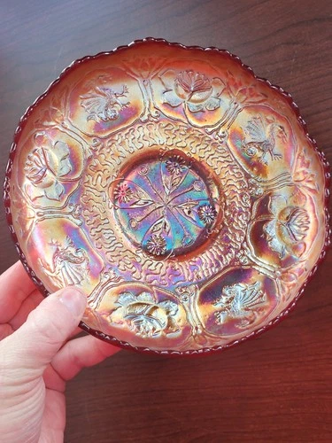 Scarce Red Reverse Amberina Fenton Carnival Glass Dragon & Lotus Ice Cream Bowl