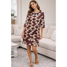 Tory Burch Silk Beaded Neckline Geometric Print Shift Dress Plum Tan Size 2
