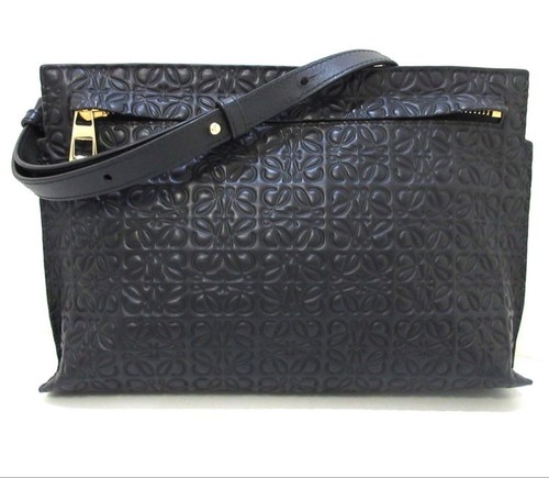 Loewe T Shoulder Bag Black Leather Embossed Adjustable Strap
