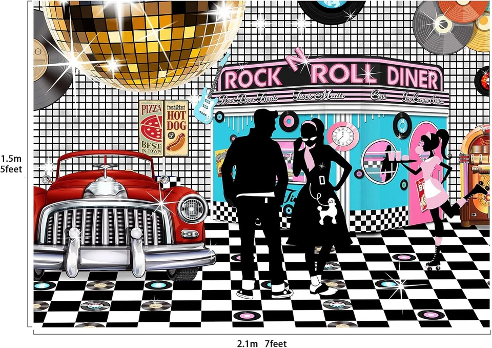 Telón de fondo de comedor años 50 pancarta grande decoración mesa de postre fondo fotomatón P Foto 2 de 4