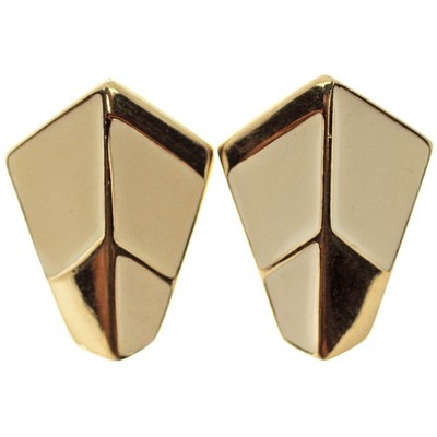 Vintage Trifari Stud Clip Earrings Kite Shield Cream White Enamel Gold Tone
