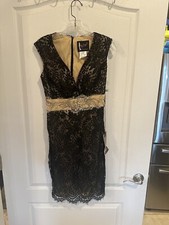 MAC DUGGAL Sleeveless V Cut Neckline Gem Embellished Mini Dress Sz 8 Black Nude