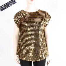 L Vintage 1970s Gold Sequin Short Slv Shirt Zig Zag Top Stage Disco Club 80s 70s