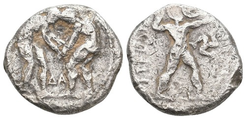 Ancient Greek Silver Stater Coin - Aspendos Pamphylia 380-325 BC Wresters