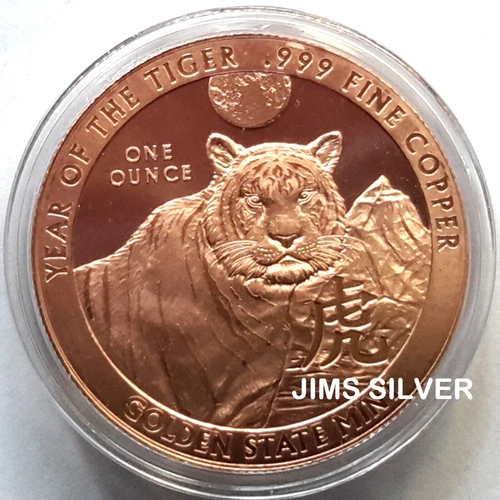 YEAR OF THE TIGER 1 oz. Copper BU w/ blemish & FREE Capsule! .999 PURE Copper!