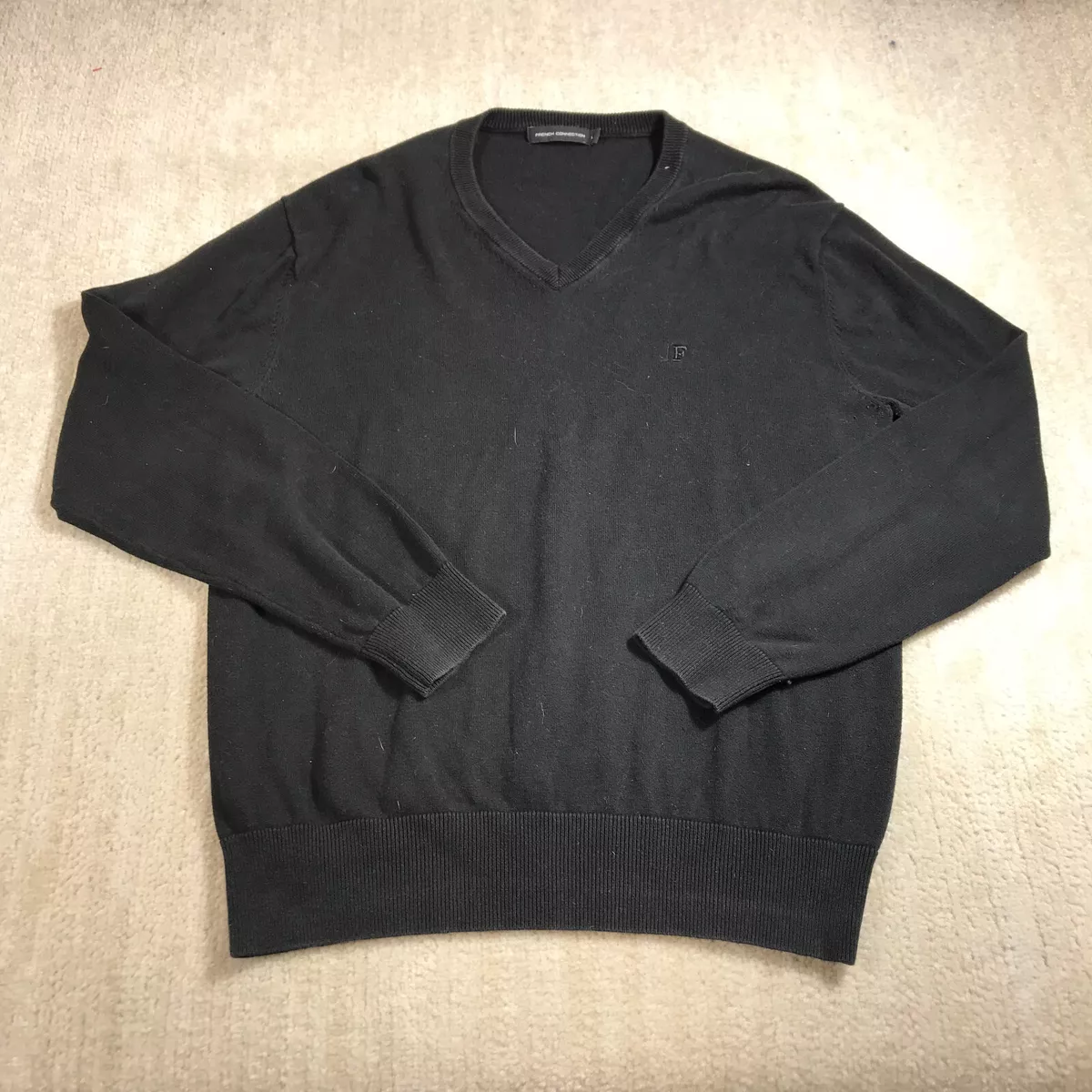 French Connection Sweater Mens Large Pullover Black Preppy V Neck