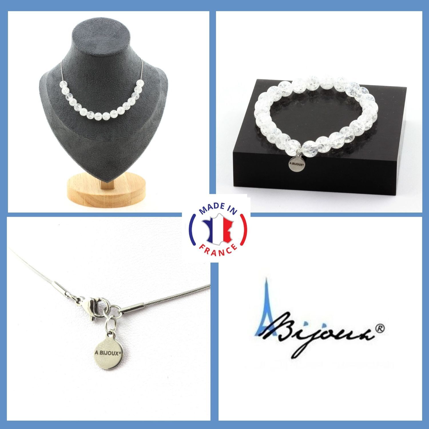 Parure collier bracelet quartz craquelé du Brésil anti-ternissement perles 8mm