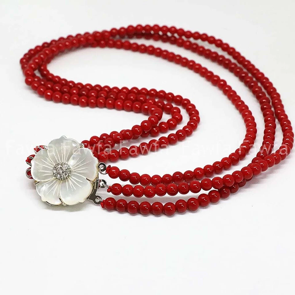Collar de 3 filas de 7-8 mm con broche de flores redondas de coral rojo 17-19"" Foto 3 de 3