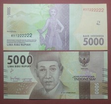 Indonesia Banknotes 5000 5.000 Rupiah 2016 Solid S/N 'RNT 222222'-(UNC)-P156