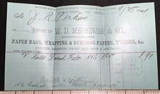 1884 letterhead W.D. Messenger & Co wrapping & building paper bags twine Chicago