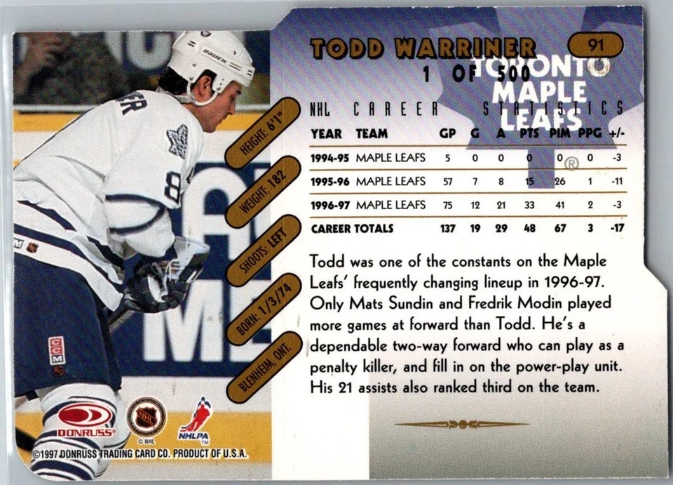 1997-98 Donruss Gold Die-Cut Press Proof #91 Todd Warriner - Image 2 of 2