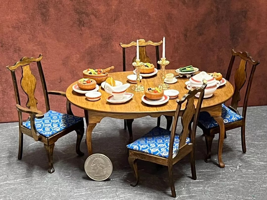 Dollhouse Miniature Vintage Kitchen Dining Table Chairs Food 1 12