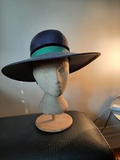 Vintage Atelier Lucas (Otto) Hat UK Wide Brim Navy Straw Green Ribbon S 21" 