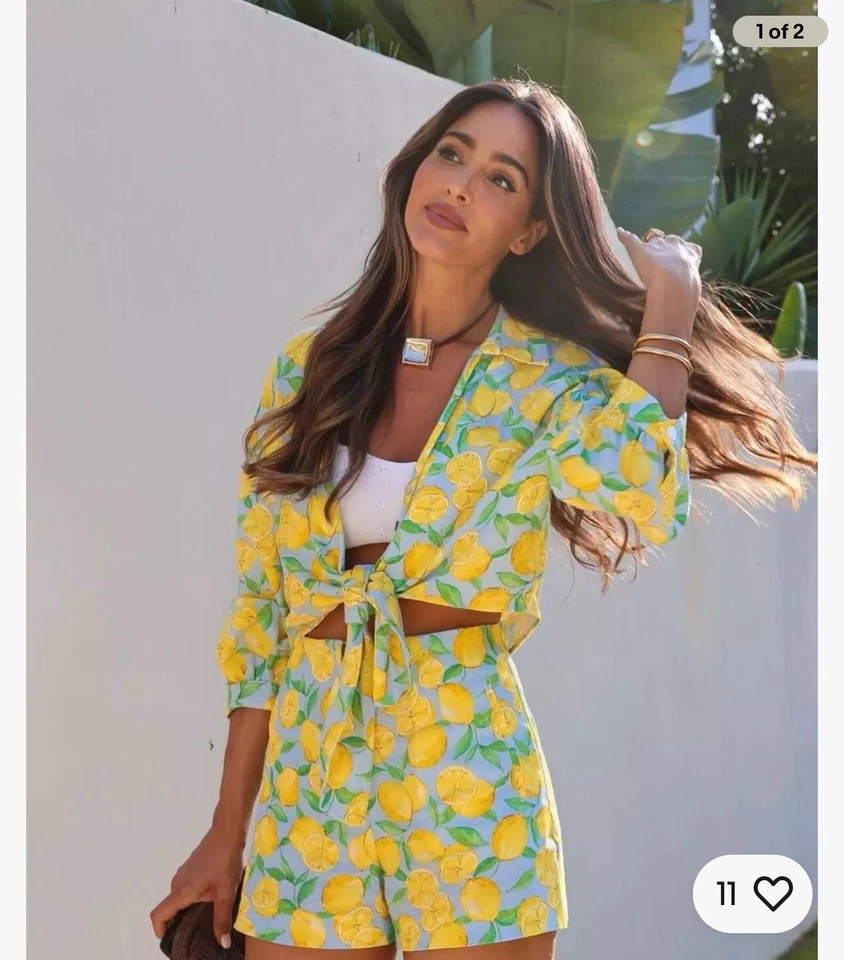 ZARA NUEVO PANTALÓN CORTO BERMUDA MUJER CINTURA ALTA MEZCLA LINO ESTAMPADO LIMÓN 3010/305