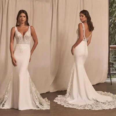 Brautkleid Hochzeitskleid V-Ausschnitt Spitze Aufkleber Column Weiß Ivory 38 40 - Bild 1 von 4