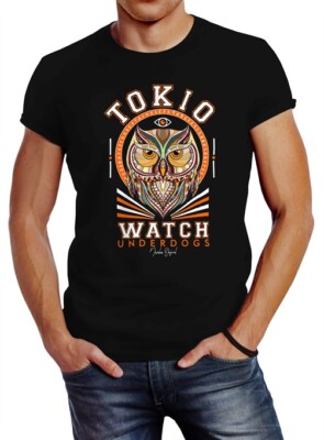 Neverless  Herren T-Shirt Design Print Eule Motiv Tokio Watch Schriftzug