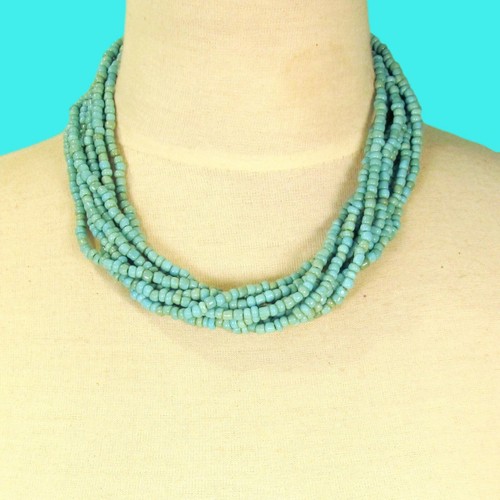 16" Multi Strand Aqua Turquoise Color Handmade Seed Bead Statement Necklace  - Picture 1 of 3