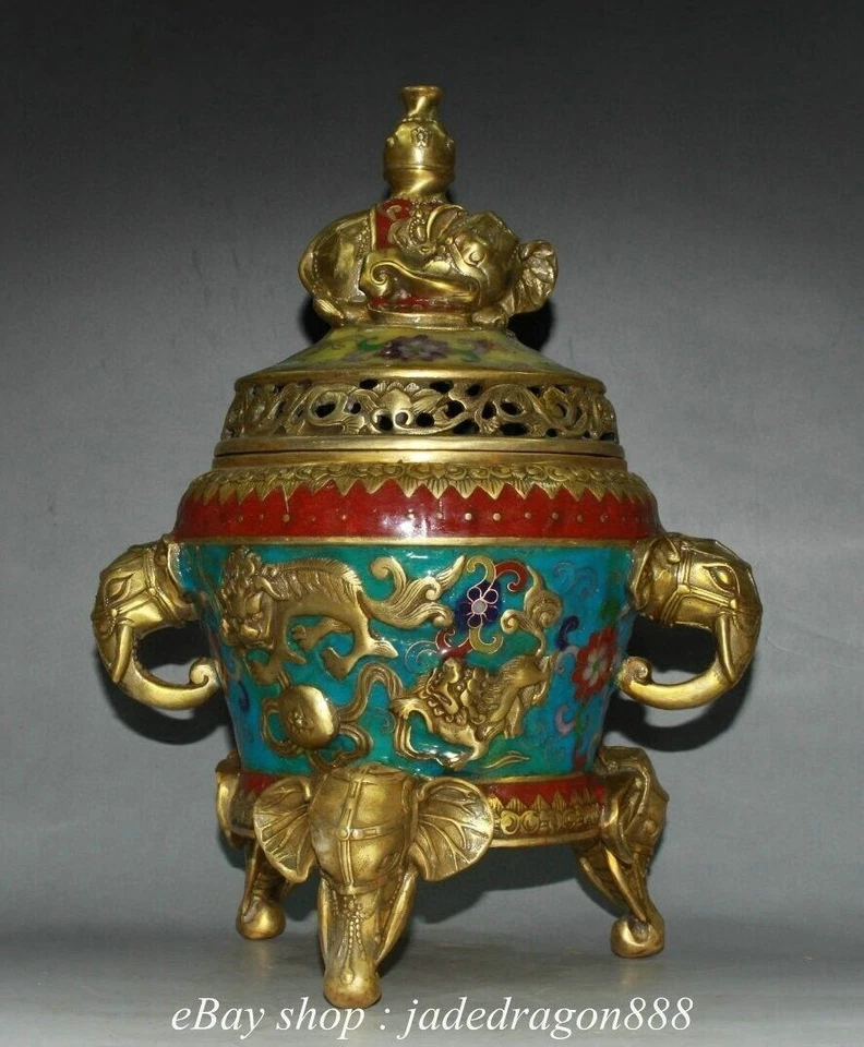 11.2" XuanDe Marked China Copper Cloisonne Elephant Foo Dog Incense Burner - Image 2 of 4