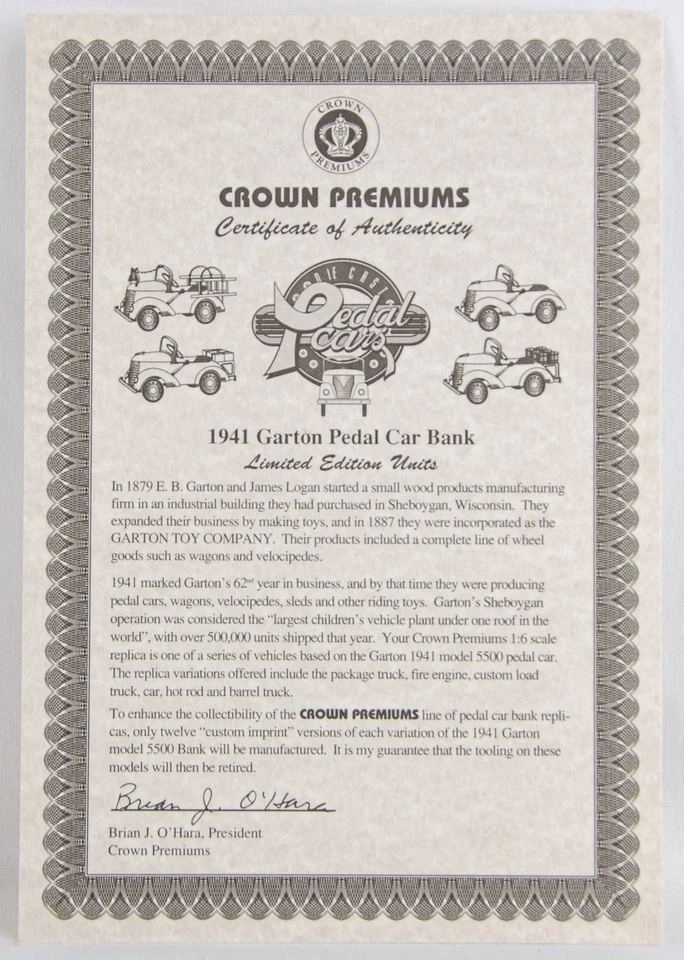 Crown Premiums Pedal Cars 1941 Lennox Garton Fire Truck 1:6 Diecast Model Bank - Image 4 of 4